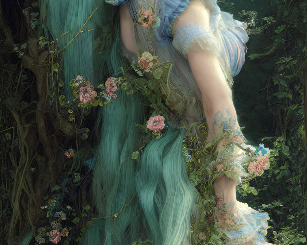 Woman with Long Teal Hair Surrounded by Flowers and Vines in Forest Scene