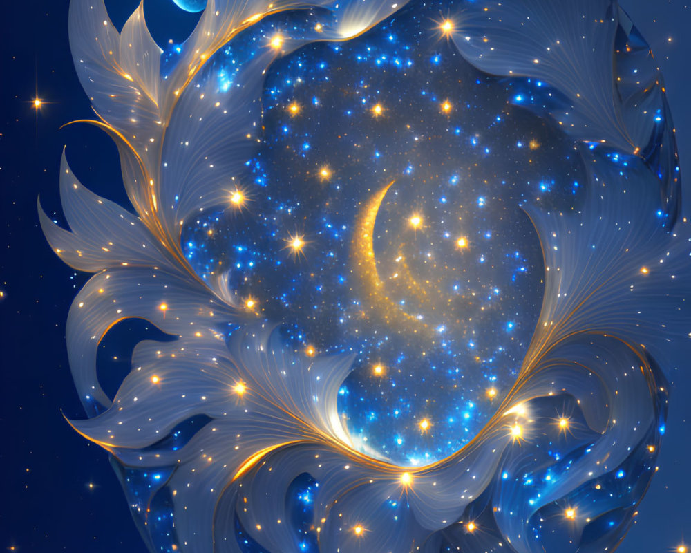 Celestial themed illustration with glowing moon, stars, planets, and galaxy patterns in blue and gold.