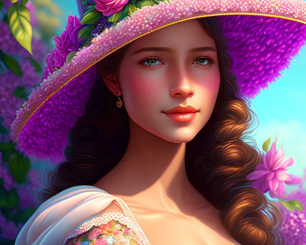 Digital portrait of woman with long curly brown hair in pink dress and floral hat against floral background