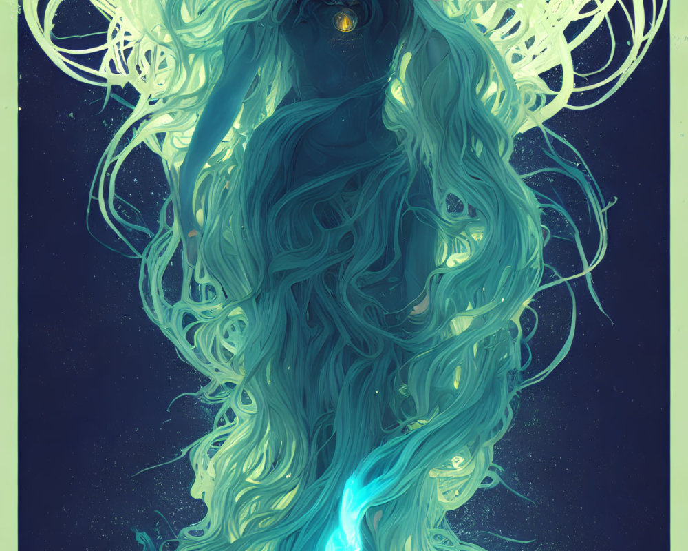 Ethereal figure with green hair and crown holding glowing blue orb