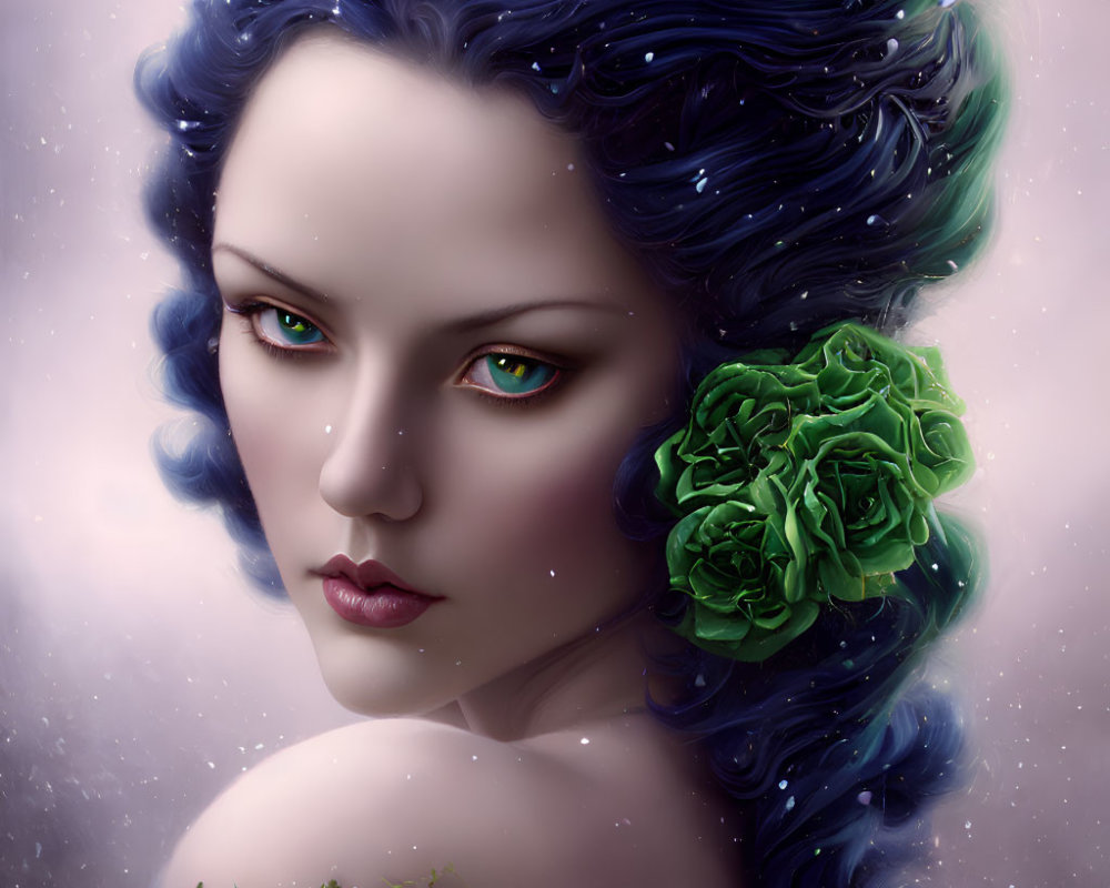 Digital portrait of a woman with blue hair and green eyes, adorned with a green flower, against a