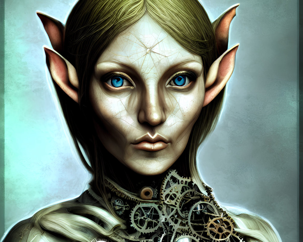 Fantastical creature portrait with pointed ears and steampunk details