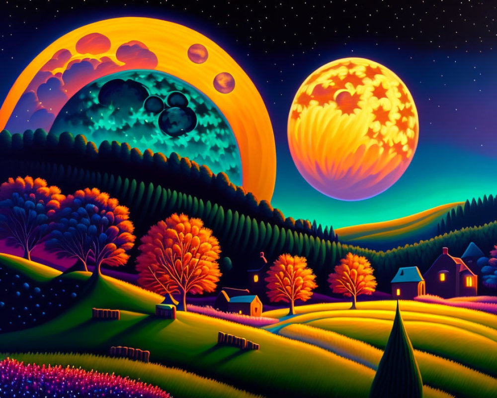 Surreal night landscape with two moons, colorful trees, hills, and small houses