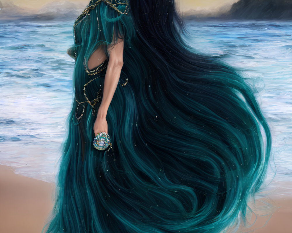 Woman with Long Teal Hair on Beach at Dusk in Elaborate Green Garments