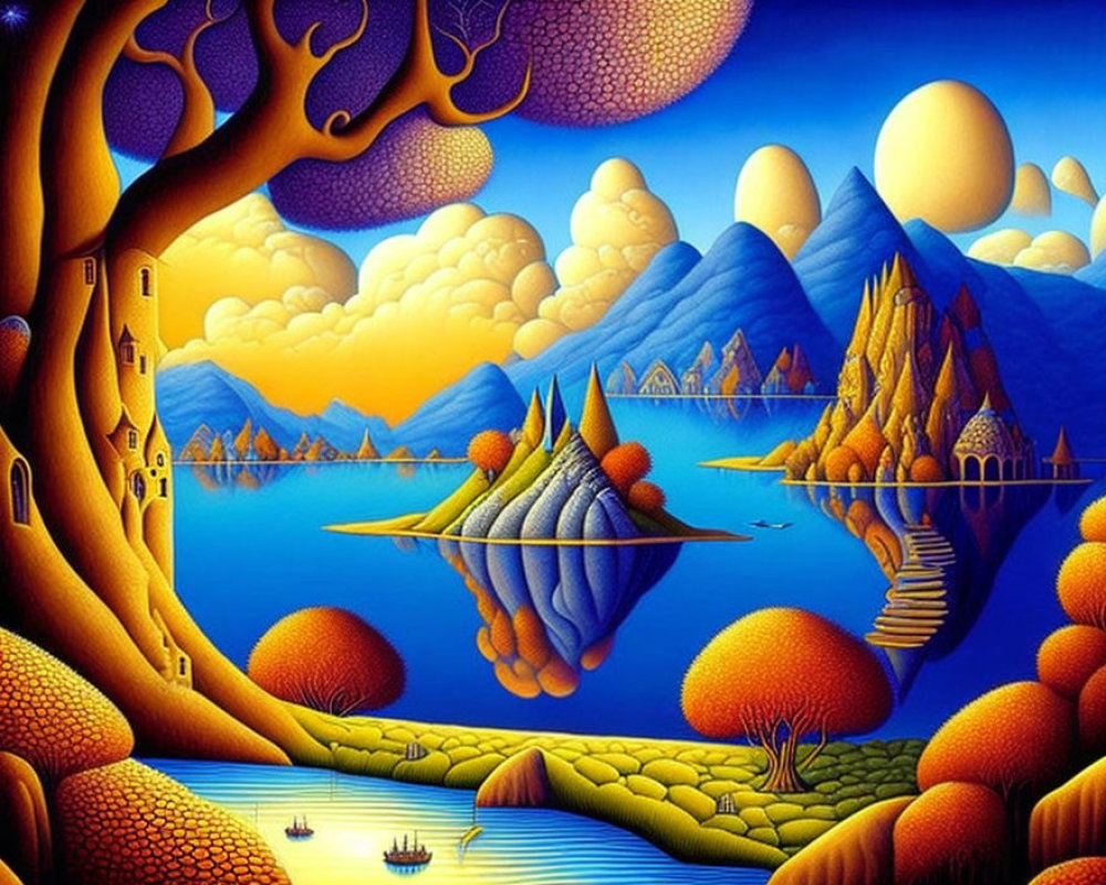 Colorful surreal landscape with floating islands, mountains, castle-like tree, reflective water, and whimsical