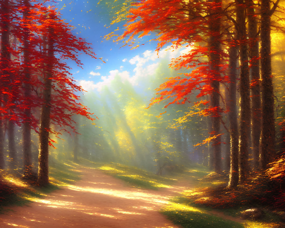 Tranquil forest path with sunlight and red leaves