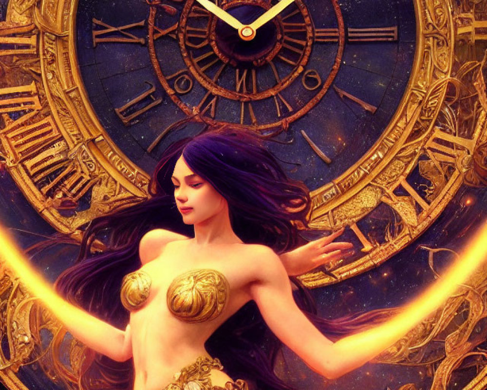 Purple-haired woman floating by golden clock in cosmic setting