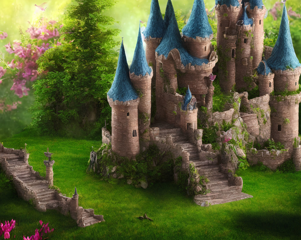 Medieval castle with blue rooftops in lush greenery and pink flowers