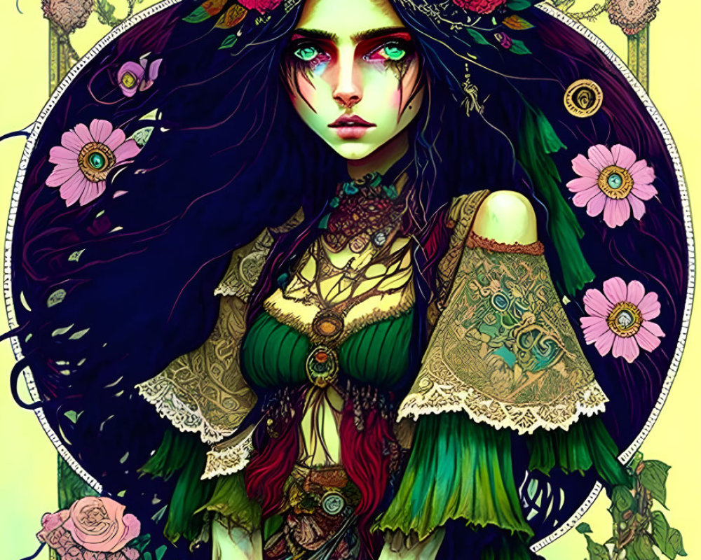 Mystical woman with dark hair and green eyes adorned with flowers and golden patterns