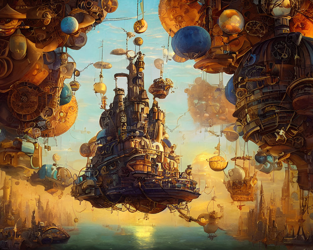 Steampunk cityscape with floating buildings and airships