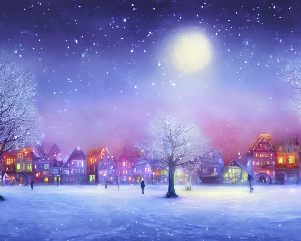 Snowy Evening in Colorful Village Under Moonlit Sky