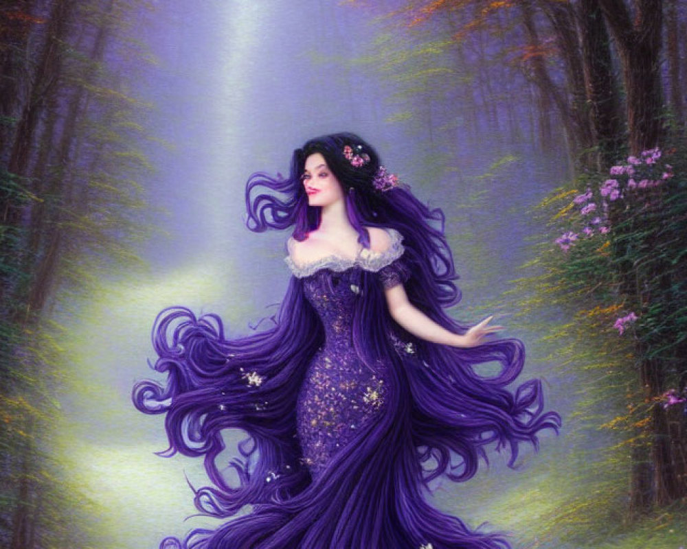 Woman in flowing purple gown in mystical forest with pinkish-purple foliage