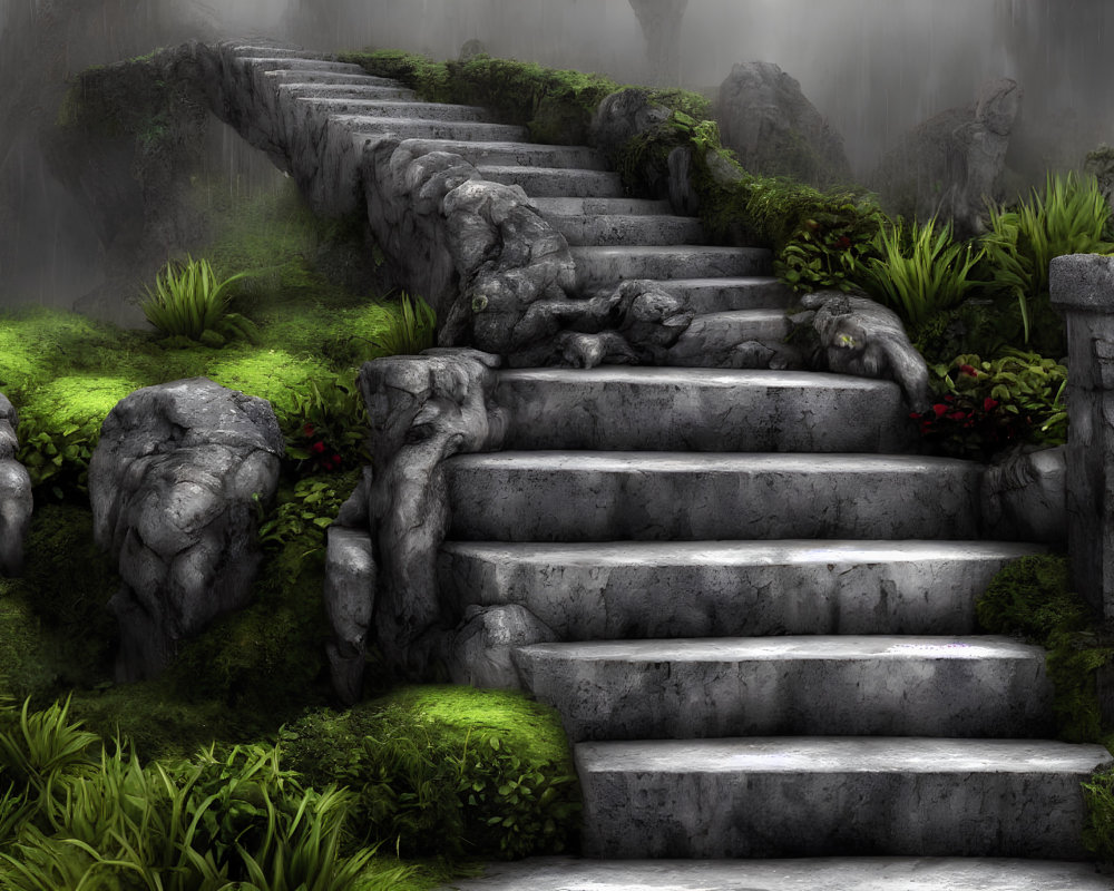 Mystical stone staircase with animal-shaped hedges in foggy green landscape