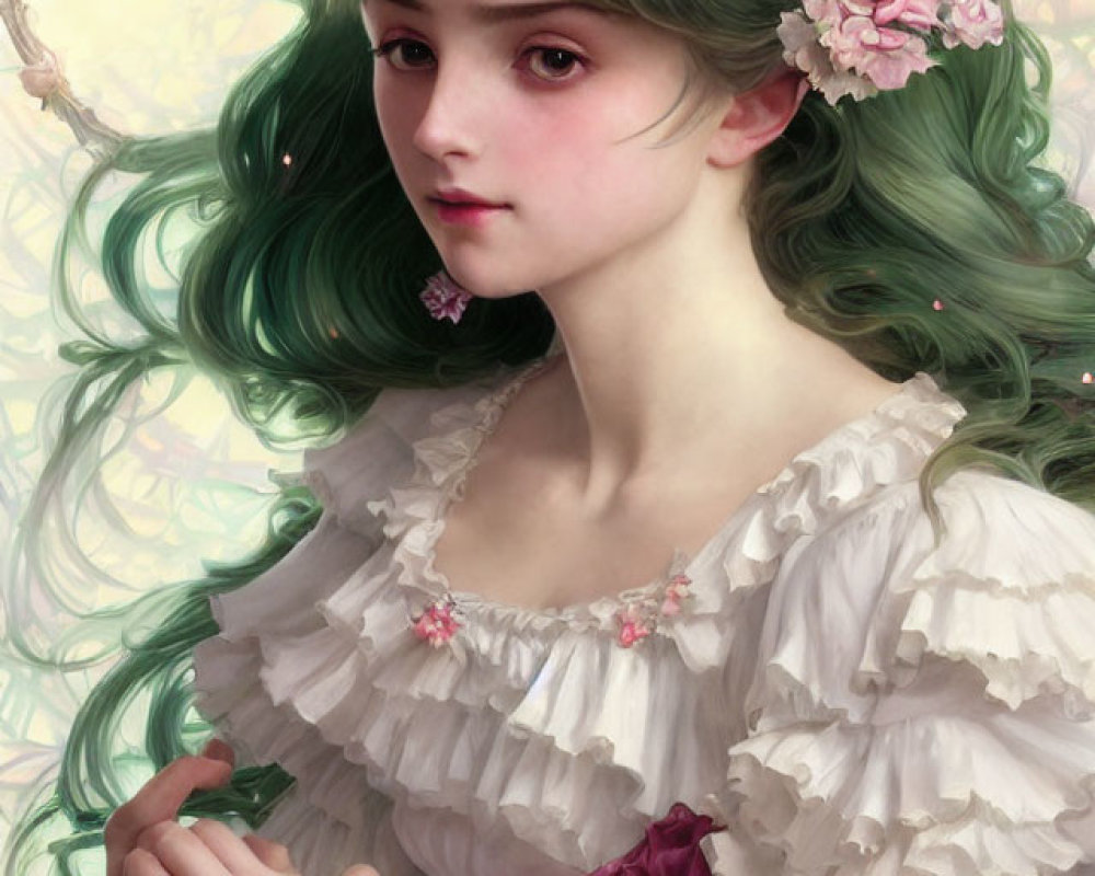 Portrait of young woman with green hair and floral wreath in white dress.