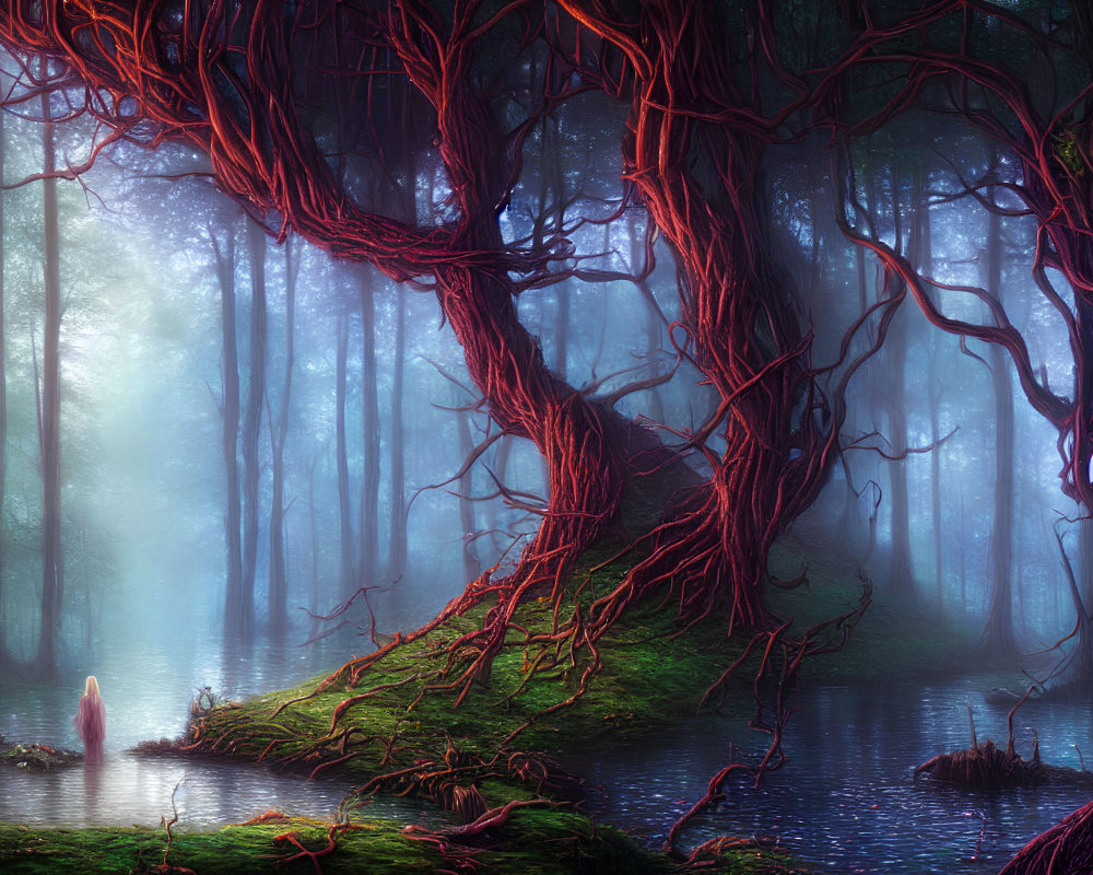 Mystical forest with twisted red-barked trees and serene pond