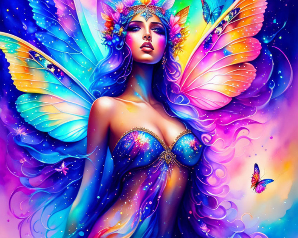 Colorful mythical fairy with rainbow wings and butterflies in cosmic setting