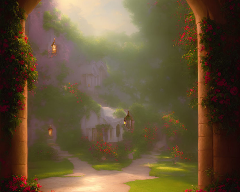 Pink Flower Archway Over Cobblestone Path to Quaint Village