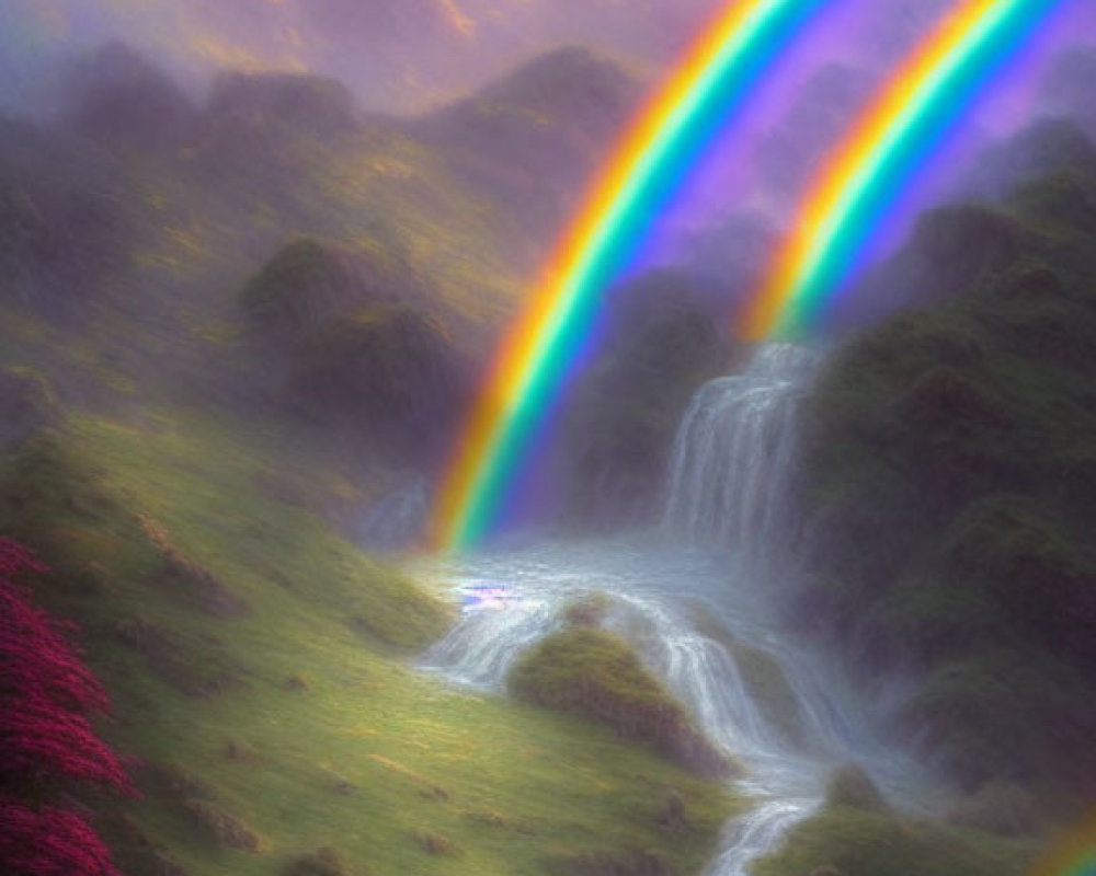 Colorful rainbow over lush valley with waterfalls, blooming trees, and tranquil river at dawn