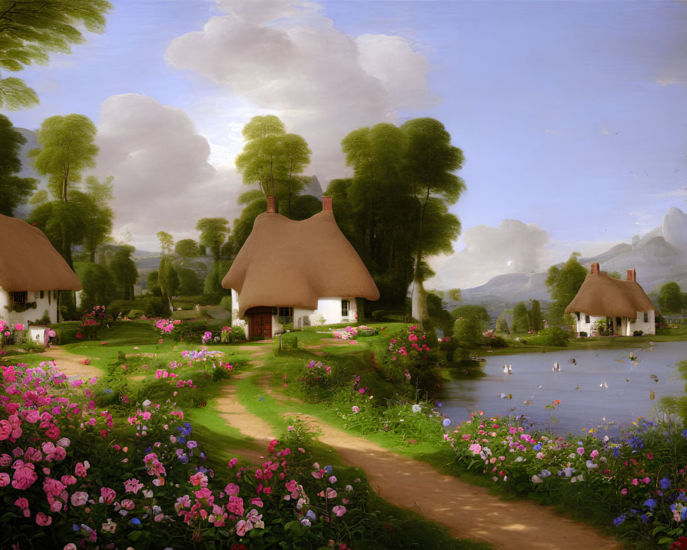 Tranquil countryside landscape with thatched-roof cottages, pond, lush flora, and distant