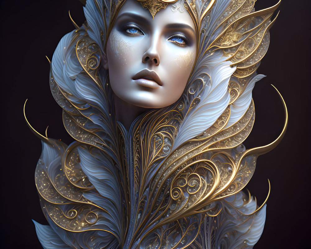 Ornate golden headgear woman illustration on dark background