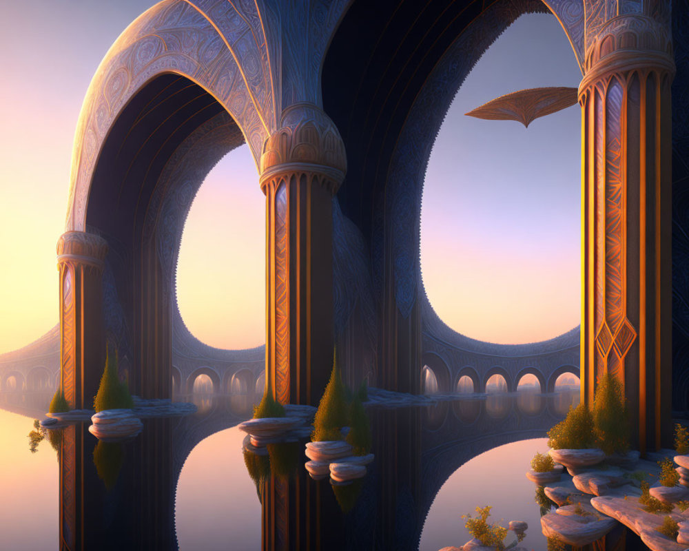 Ornate arches and pillars in fantasy landscape at dusk