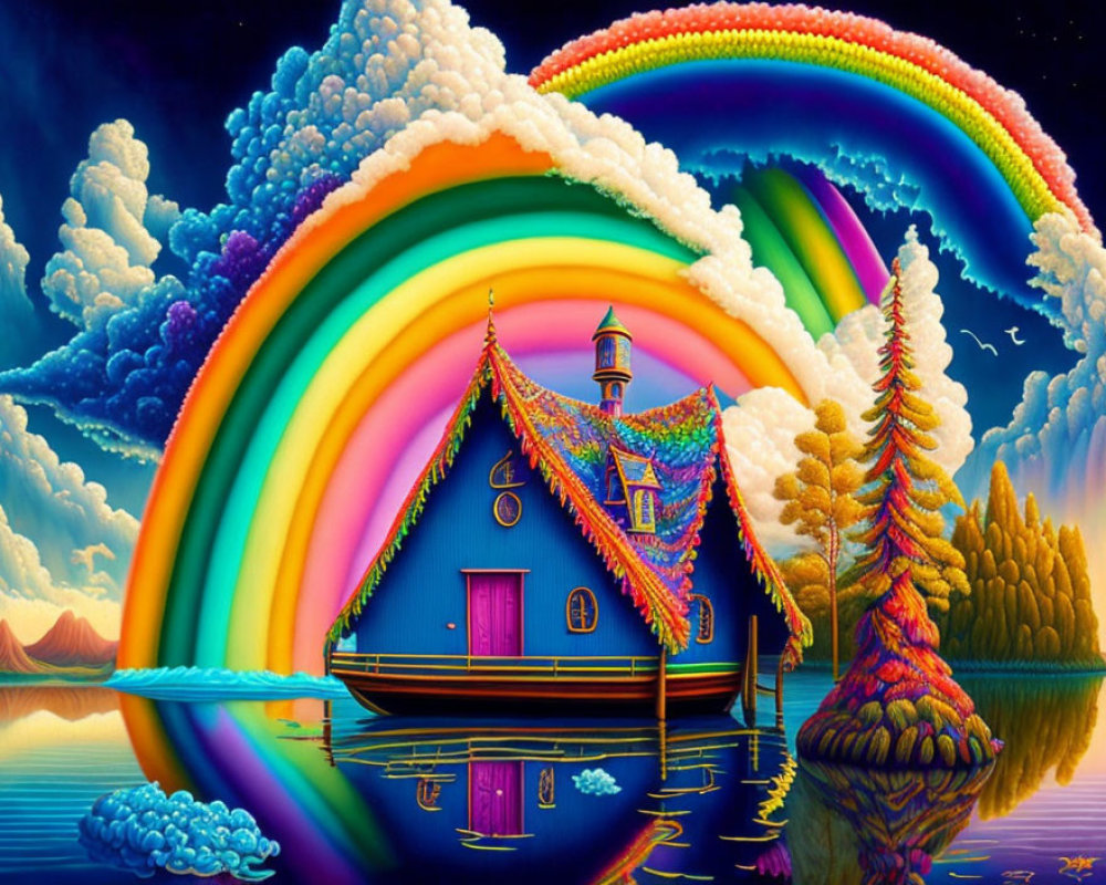 Colorful house with turret under rainbow arc in whimsical landscape