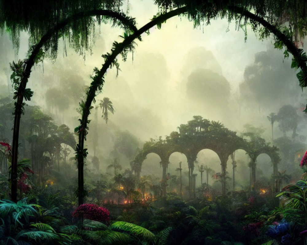 Mystical jungle with towering trees and ancient stone archway