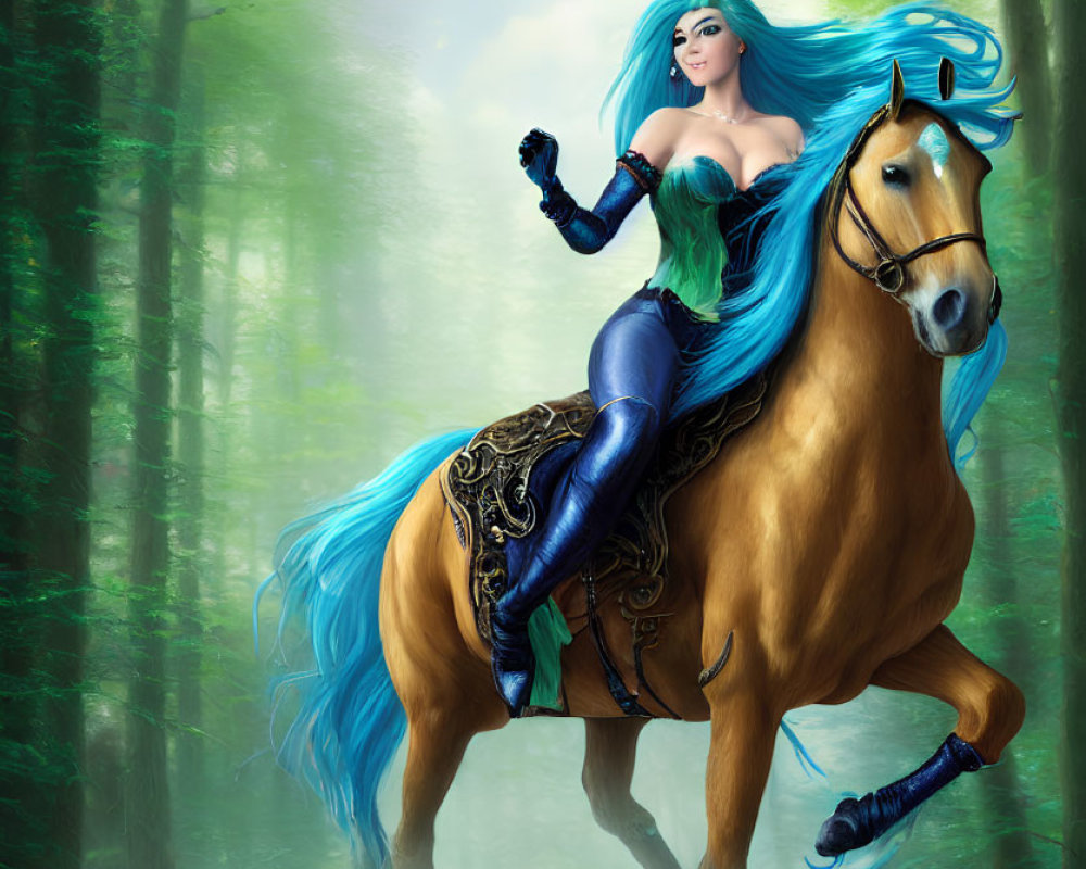 Illustration: Woman with Blue Hair Riding Palomino Horse in Sunlit Forest