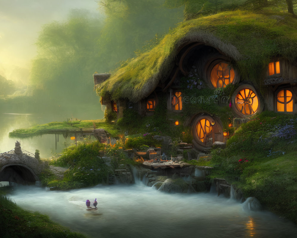 Tranquil fantasy landscape with thatched-roof cottage, round windows, stone bridge, lush green