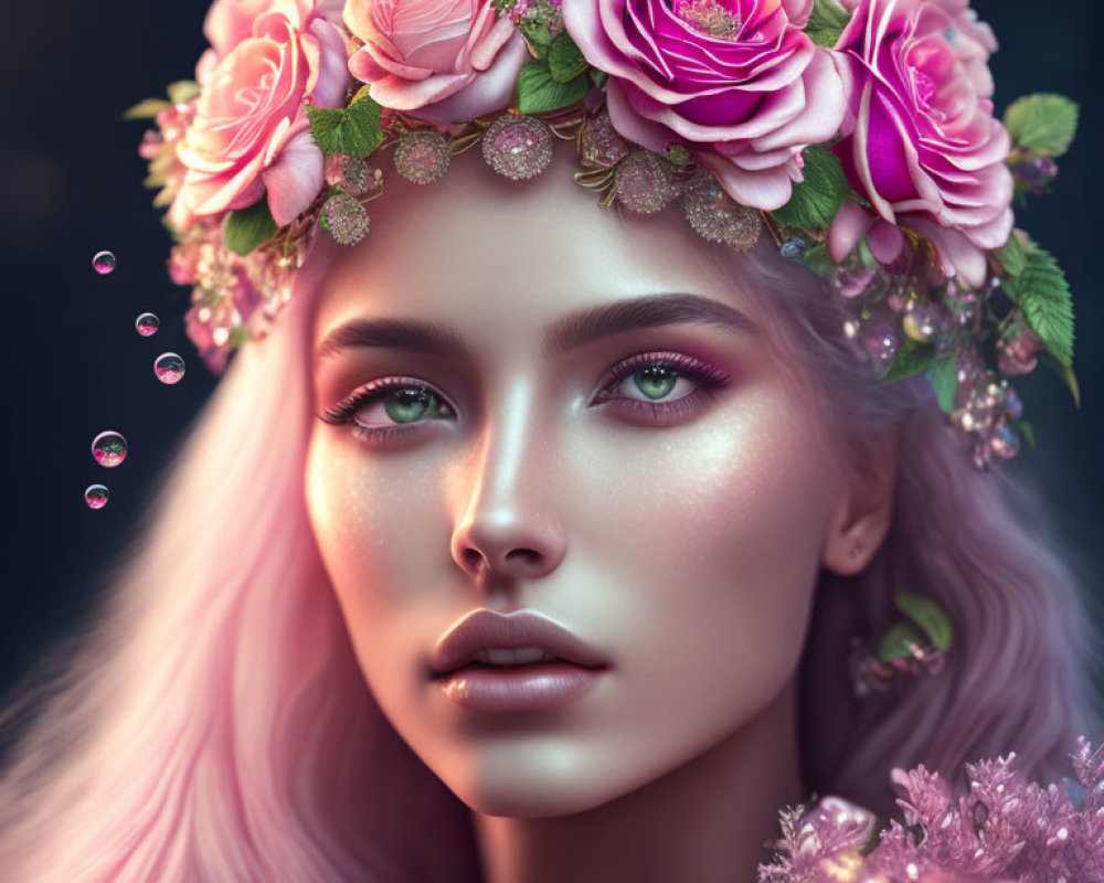 Digital portrait of person with pink hair, floral crown, bubbles, dark background