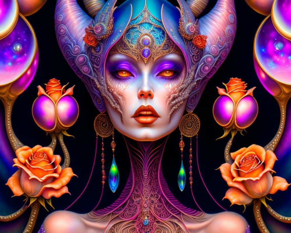 Fantastical female entity with elaborate horns and roses.