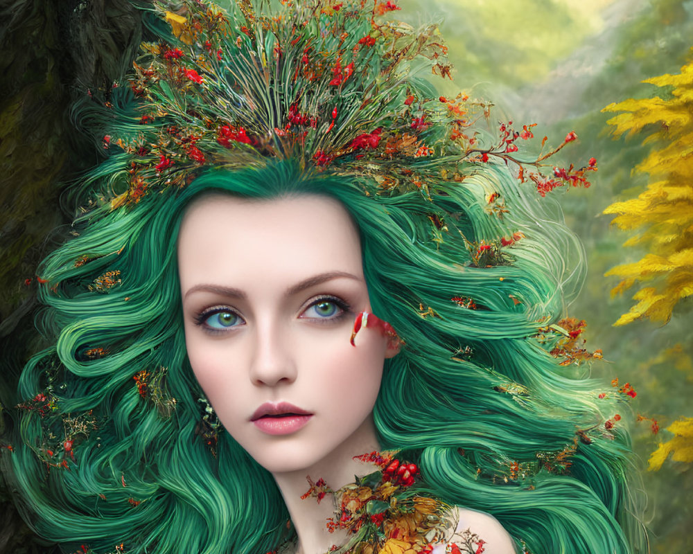 Fantasy portrait of woman with green hair, autumn leaves, and berries in forest.