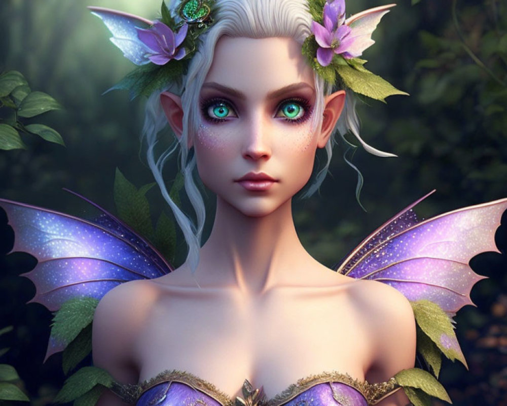 Fantasy Elf with Violet Wings and Floral Headpieces