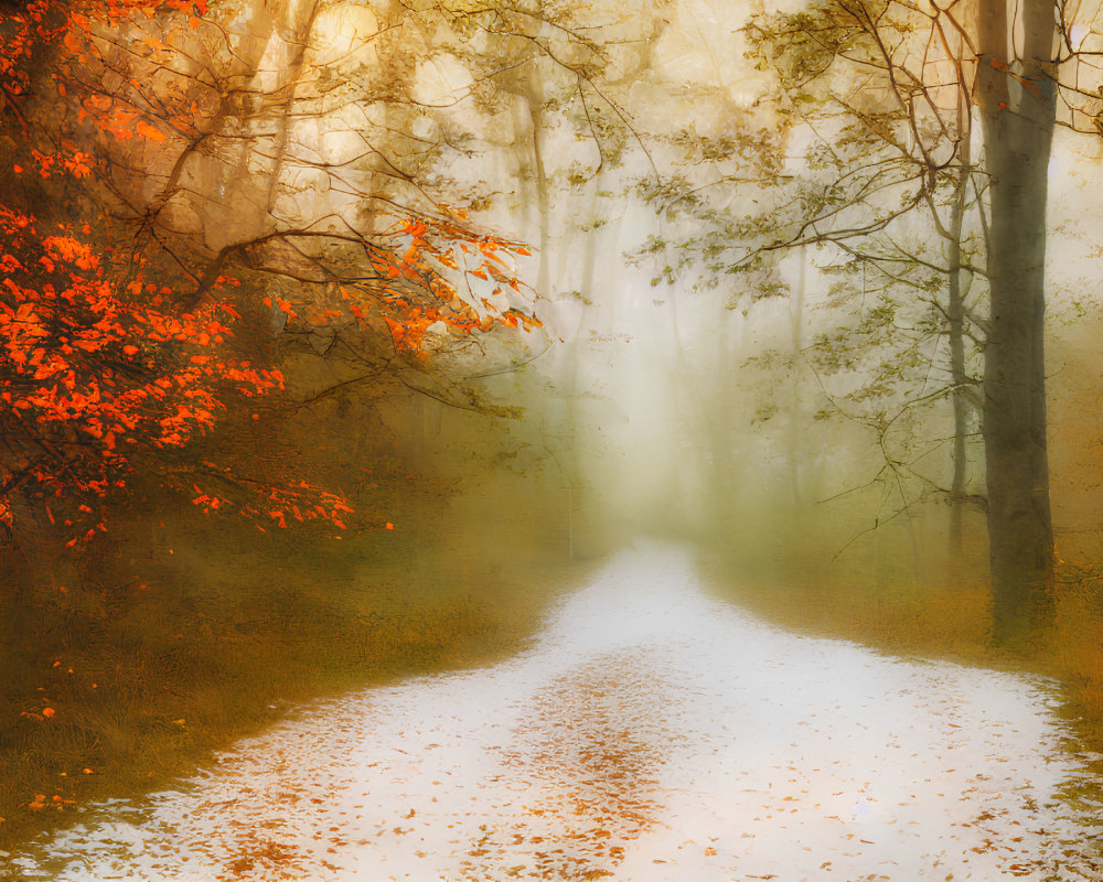 Tranquil autumn forest with fallen leaves on snow path