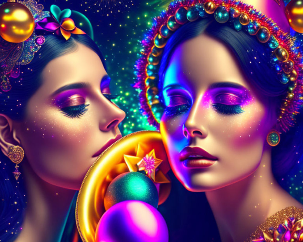 Stylized women with whimsical makeup and ornate headdresses in cosmic setting