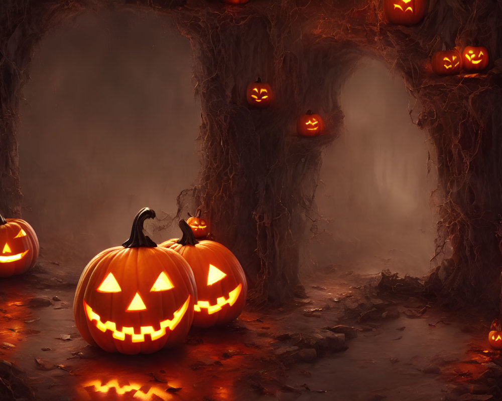 Pumpkin-lit Halloween cave with eerie glowing eyes