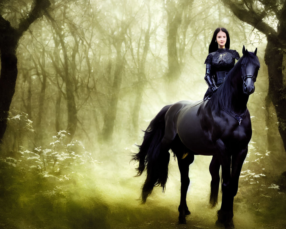 Woman in Black Dress Riding Black Horse in Ethereal Forest