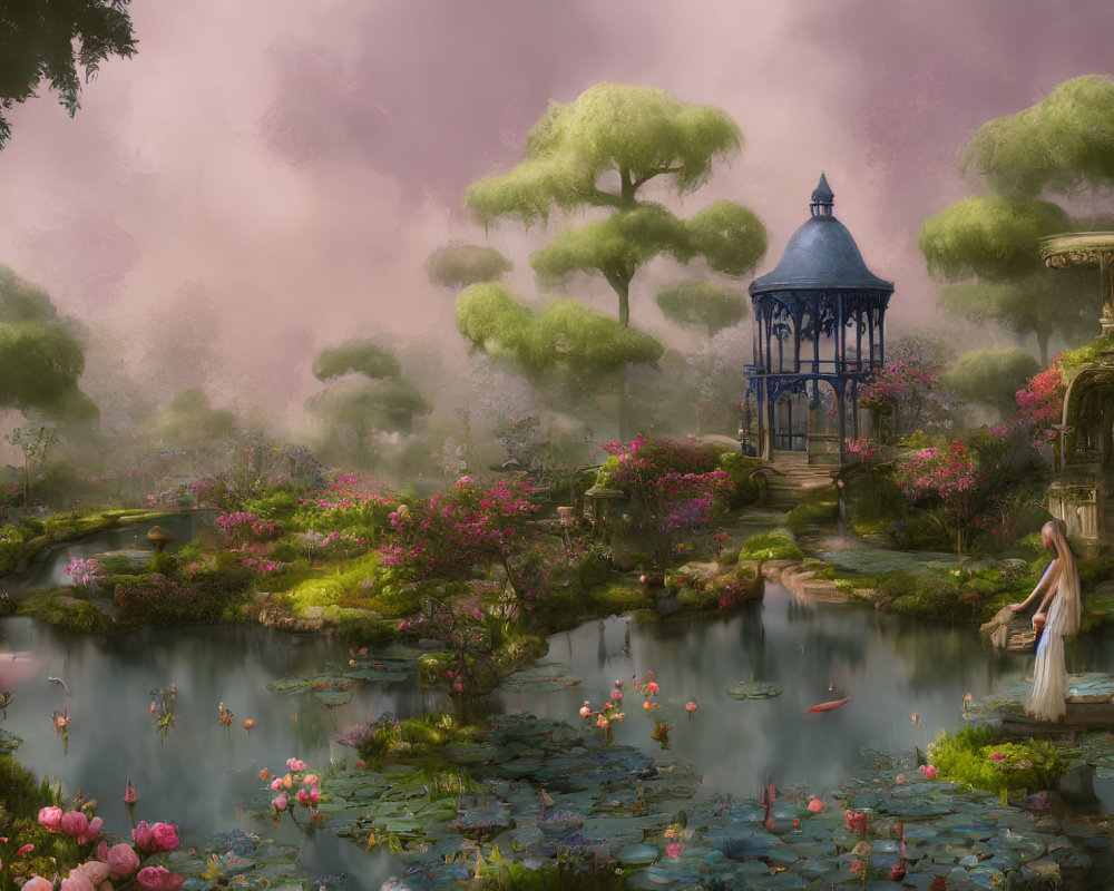 Tranquil garden scene with pond, blooming flowers, gazebo, and misty ambiance