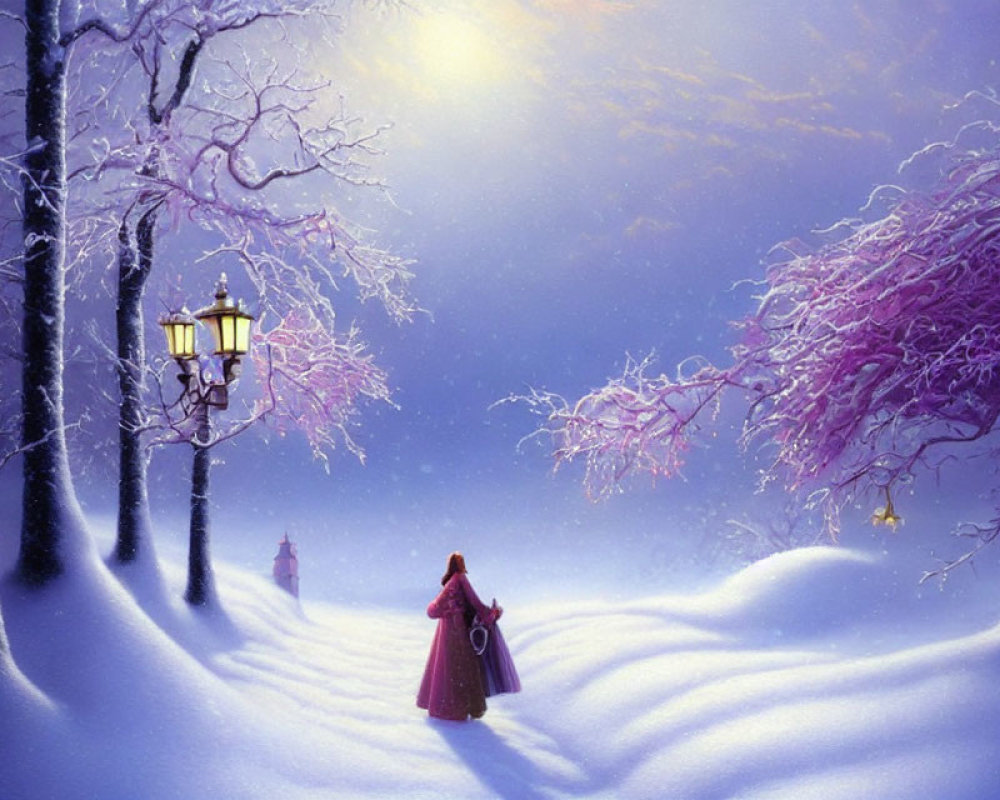 Person in Red Cloak Walking Through Snowy Twilight Landscape with Frost-covered Trees and Purple Sky