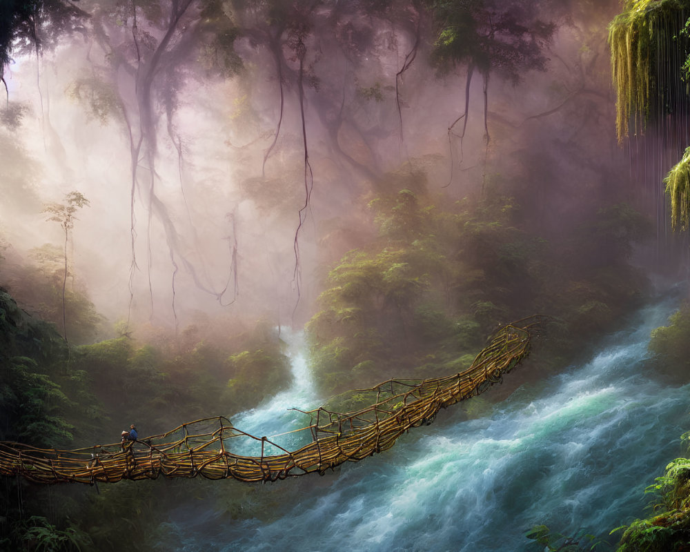 Suspension rope bridge over river in misty forest