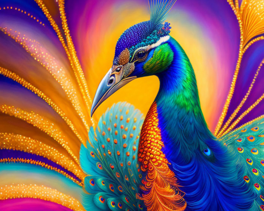 Colorful Peacock Illustration with Vibrant Feathers on Psychedelic Background