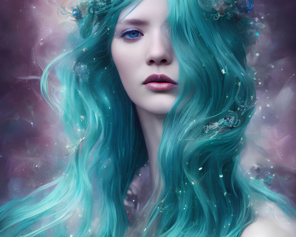 Fantasy portrait of a person with turquoise hair and starry-galaxy background