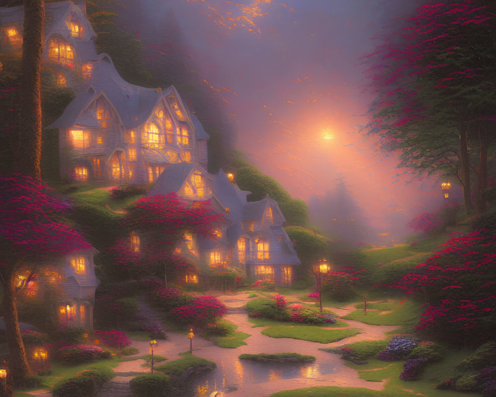 Twilight scene: illuminated cottages, pink trees, river, boat, starry sky