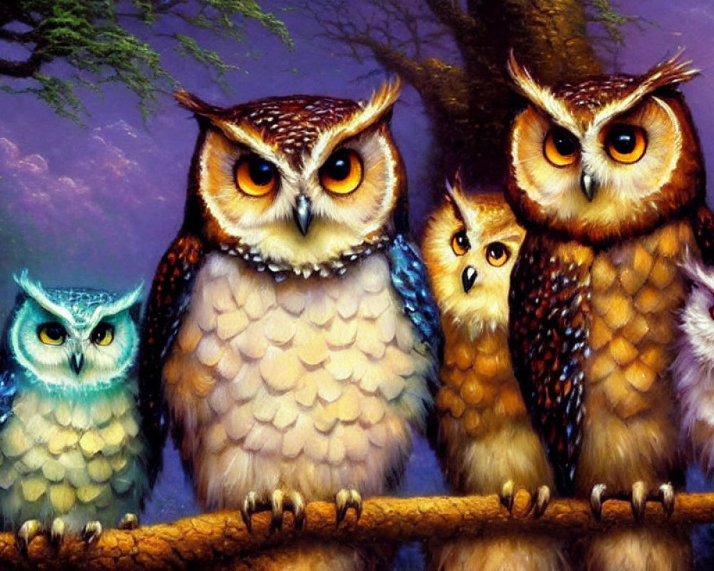 Five Colorful Stylized Owls Perched on Branch at Dusk or Dawn