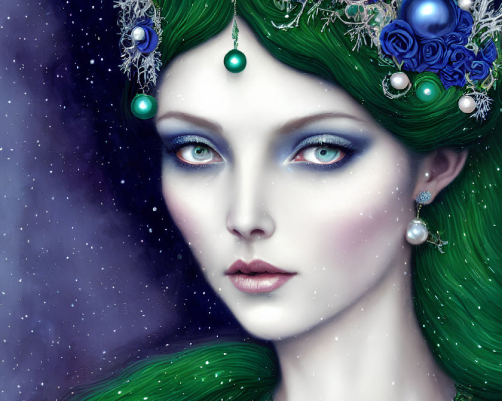 Digital Art Portrait: Woman with Green Hair, Blue Flower Crown, Winter Foliage, Starry