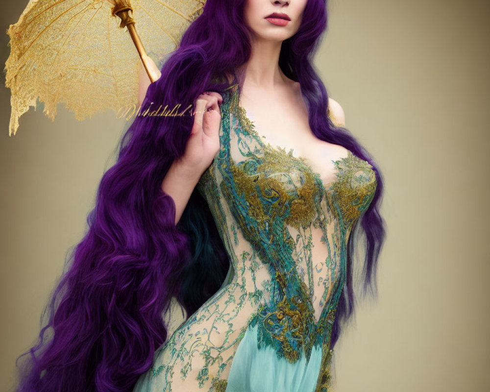 Purple-haired woman in green and gold corset dress with lace umbrella on beige background