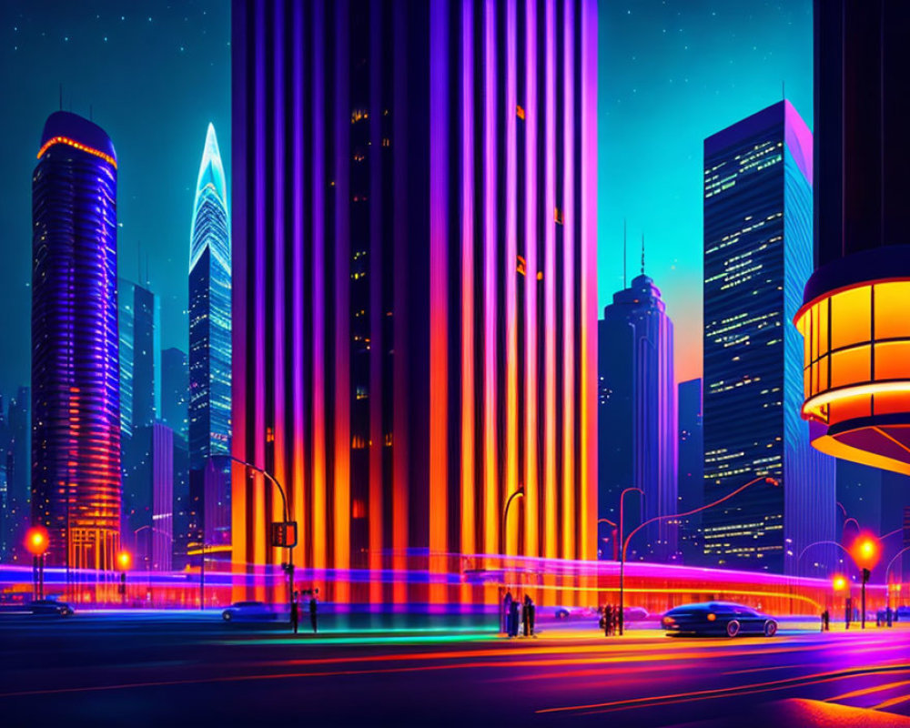 Futuristic neon-lit cityscape with pedestrians and vehicles at night