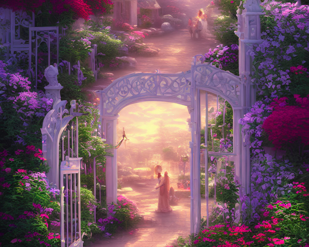 Lush flower-lined garden pathway to mystical sunlit street