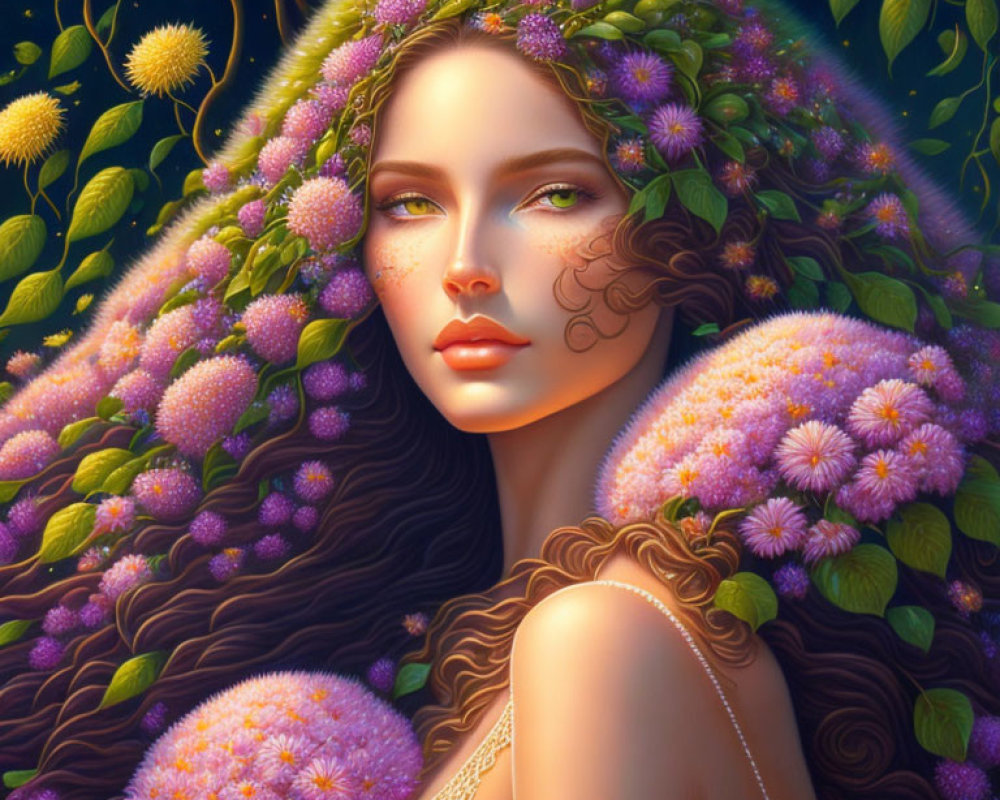 Illustrated portrait of woman with purple and yellow flowers in her hair against dark foliage background