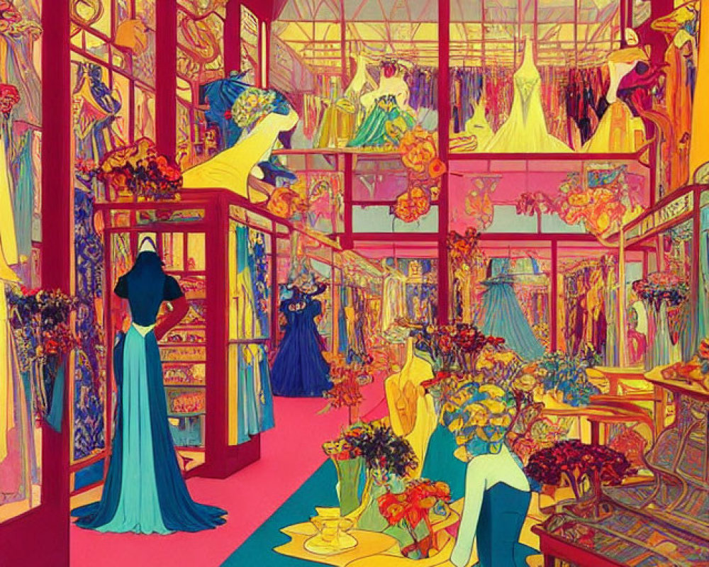 Colorful Psychedelic Boutique Illustration with Elaborate Dresses